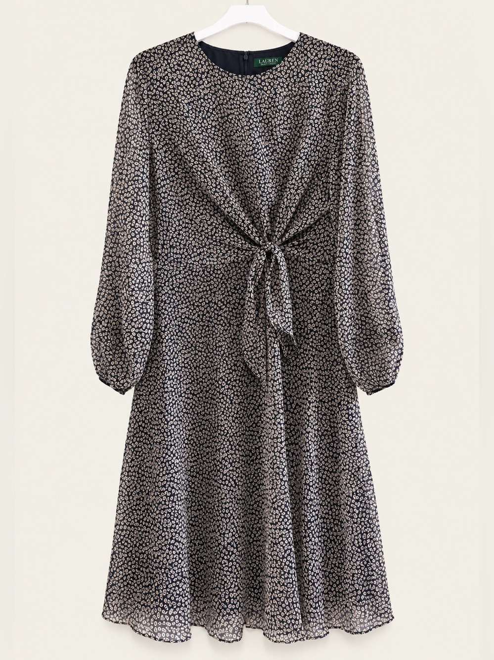 Lauren Ralph Lauren NWT Navy Taupe Tie Front Crepe Dress 14